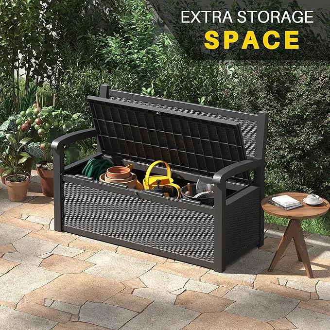 80 Gallon Outdoor Storage Box, Resin Patio Furniture with Armrest, Lockable Deck Box with Waterproof and UV Resistant for Patio Cushions, Garden Tools and Pool Supplies, Black by GreenHaven Gardens