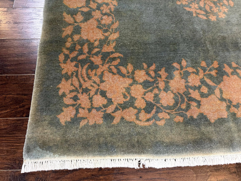 Teal Chinese Wool Rug 6x8, Vintage Handmade Carpet, Floral, Semi Open Field by Jewel Rugs