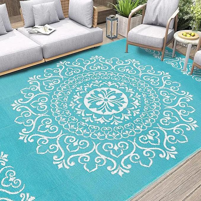 Pauwer Waterproof Outdoor Rug 8x10, Reversible Plastic Straw Patio Camping Rug, Indoor Outdoor RV Mat Carpet for Deck, Camper, Porch, Balcony, Backyard, Picnic, Floral Teal by GreenHaven Gardens