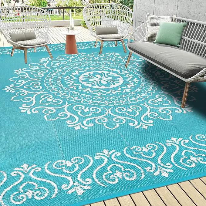 Pauwer Waterproof Outdoor Rug 9x12, Reversible Plastic Straw Patio Camping Rug, Indoor Outdoor RV Mat Carpet for Deck, Camper, Porch, Balcony, Backyard, Picnic, Floral Teal by GreenHaven Gardens