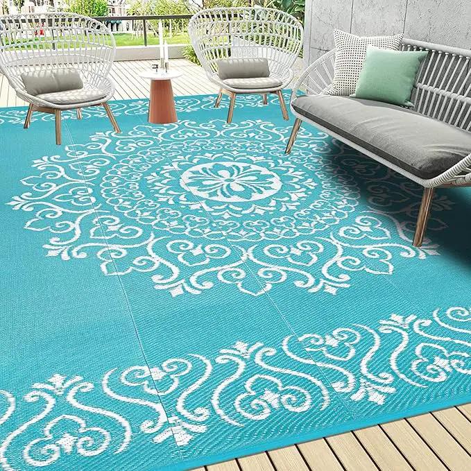 Pauwer Waterproof Outdoor Rug 8x10, Reversible Plastic Straw Patio Camping Rug, Indoor Outdoor RV Mat Carpet for Deck, Camper, Porch, Balcony, Backyard, Picnic, Floral Teal by GreenHaven Gardens