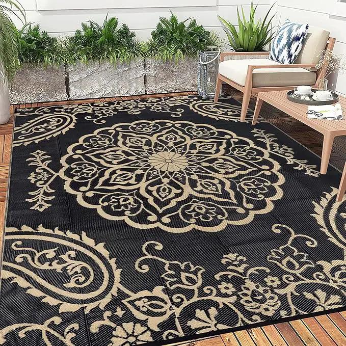 Pauwer Waterproof Outdoor Rug 6x9, Reversible Plastic Straw Patio Camping Rug, Indoor Outdoor RV Mat Carpet for Deck, Camper, Porch, Balcony, Backyard, Picnic, Boho Black Brown by GreenHaven Gardens