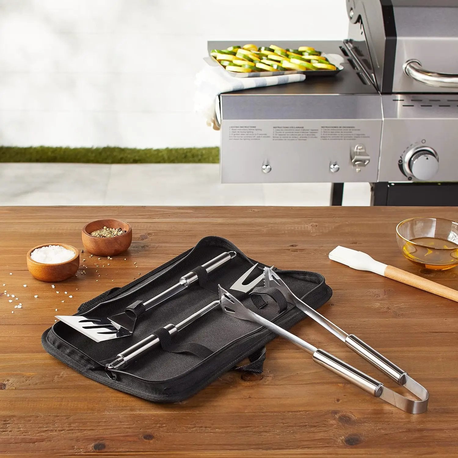 Amazon Basics 4-Piece Stainless Steel Barbeque Grilling Tool Set with Carry Bag by GreenHaven Gardens