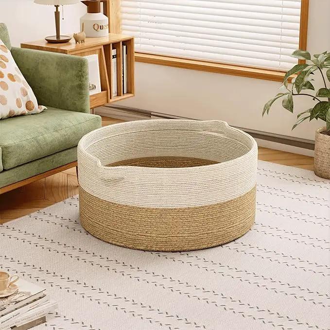 125L Extra Large Blanket Basket, 25" x 16", Jumbo Laundry Woven Baskets Decorative Home, Cotton Rope Basket with Handles, Baby Toy Baskets for Storage, White & Brown,2PC by GreenHaven Gardens