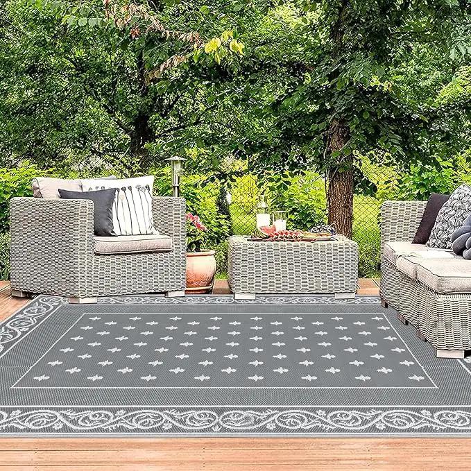 Pauwer Waterproof Outdoor Rug 6x9, Reversible Plastic Straw Patio Camping Rug, Indoor Outdoor RV Mat Carpet for Deck, Camper, Porch, Balcony, Backyard, Picnic, Bordered Grey by GreenHaven Gardens
