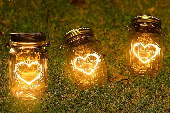 Hanging Solar Mason Jar Lights, 4 Pack Warm Heart Shape Led Lights, Solar Powered Lanterns Outdoor Waterproof, Hangers and Jars Included, Gift for Lover, Home Party Wedding Garden Patio Decor (4) by GreenHaven Gardens