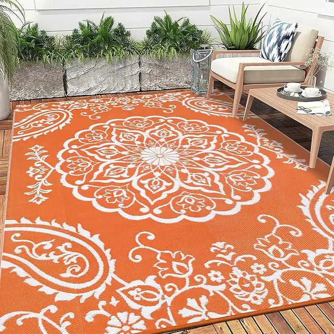 Pauwer Waterproof Outdoor Rug 8x10, Reversible Plastic Straw Patio Camping Rug, Indoor Outdoor RV Mat Carpet for Deck, Camper, Porch, Balcony, Backyard, Picnic, Boho Orange by GreenHaven Gardens
