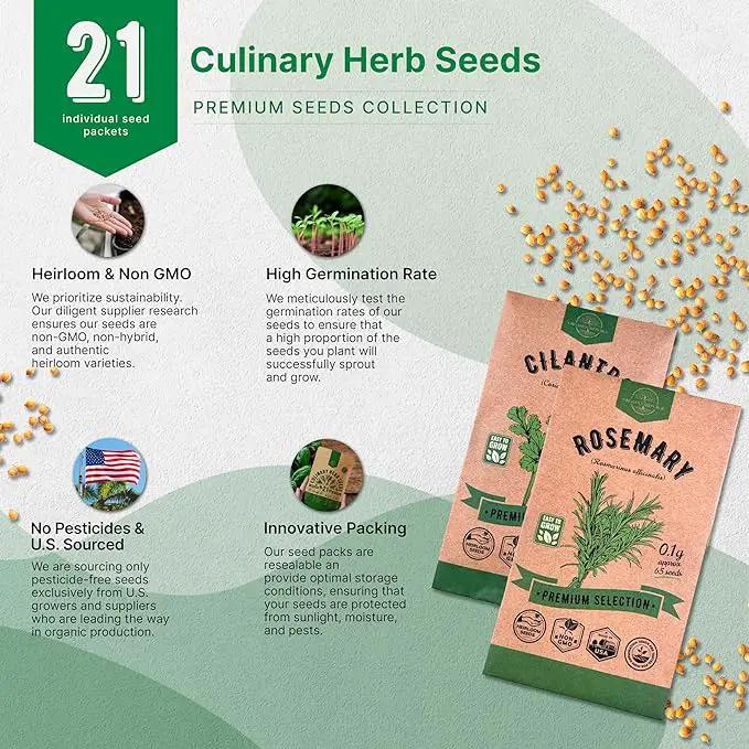 21 Culinary Herb Seeds Variety Pack - Heirloom, Non-GMO, Herb Seeds for Planting Outdoor and Indoor - Home Gardening. Over 11,400+ Seeds Including Rosemary, Thyme, Oregano, Mint, Basil, Parsley & More by GreenHaven Gardens