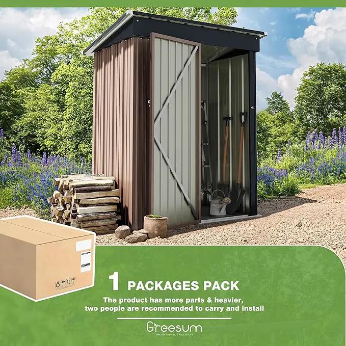 Greesum Outdoor Storage Shed 5 x 3 ft. Utility Tool Shed Metal Storage Garden Shed with Door & Lock for Patio Storage, Brown by GreenHaven Gardens