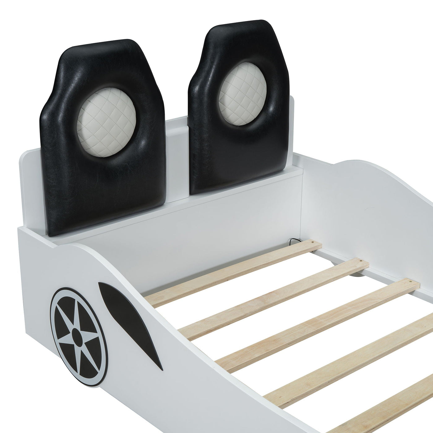 Race Car Shaped Platform Bed With LED And Upholstered Backrest In by HouseOfZazla