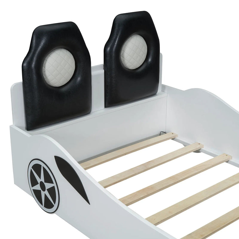 Race Car Shaped Platform Bed With LED And Upholstered Backrest In by HouseOfZazla
