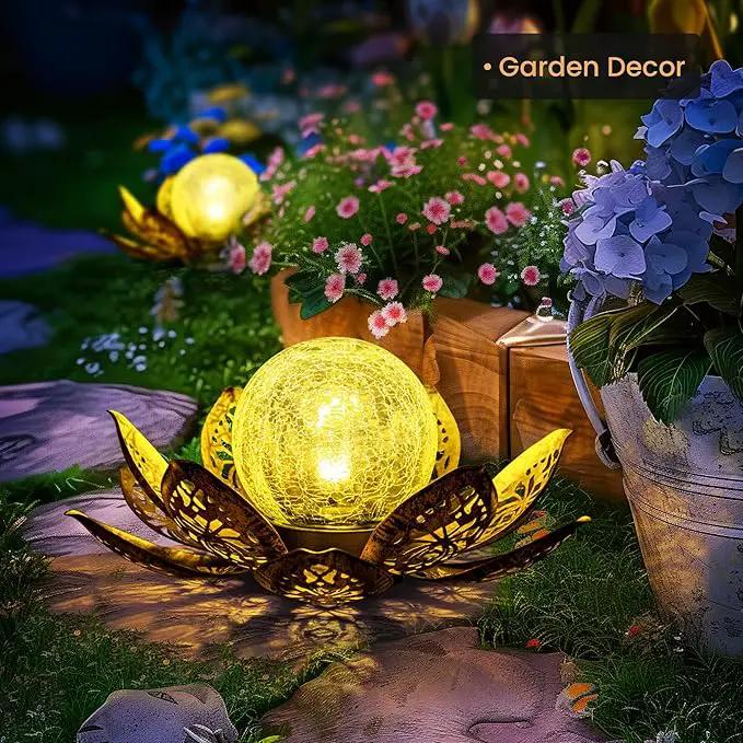 GIGALUMI Solar Lights Outdoor Garden Decor, Adjustable Metal Petal Lotus Flower Lights Crackle Globe Glass Lantern Outdoor Table Decor Waterproof for Patio, Lawn, Pathway, Pond, Christmas Gift by GreenHaven Gardens