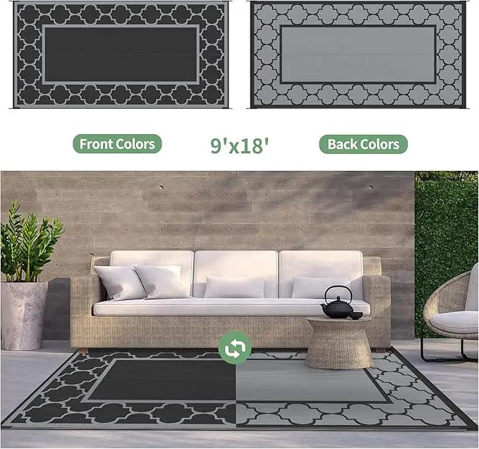 GENIMO 9' x 18' Outdoor Rug Waterproof for Patio, Foldable Reversible Plastic Straw Area Rugs Mat for Rv Decor, Outside Carpet for Camper, Deck, Picnic, Beach, Balcony, Porch, Black & Grey by GreenHaven Gardens