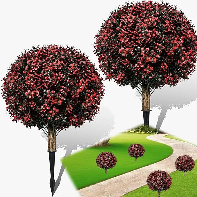 Fall Artificial Topiary Ball Boxwood Tree Outdoor with Spike,Set of 2 Large Faux Shrubs Bushes for Outdoor Planter,UV Resistant Autumn Fake Boxwood Plants for Potted Porch Indoor 24" by GreenHaven Gardens