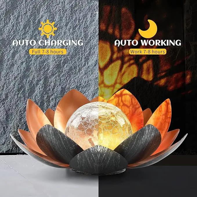 Outdoor Solar Lights, Garden Decor, Crackle Glass Globe, Waterproof Metal Lotus Flower Light for Patio, Lawn, Walkway, Tabletop, Ground by GreenHaven Gardens