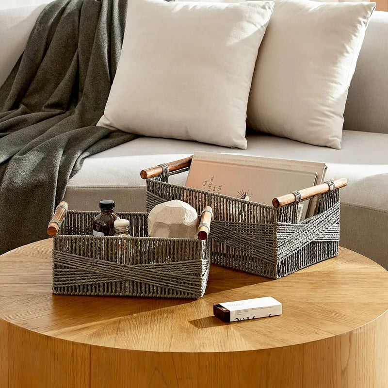 LA JOLIE MUSE Wicker Storage Baskets for Organizing, Recyclable Paper Rope Basket with Wood Handles, Decorative Hand Woven Basket Organizers for Makeup Books Shelves Living Room, Grey, Set of 2 by GreenHaven Gardens