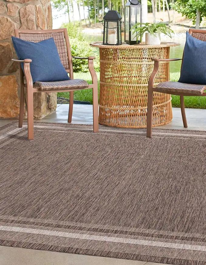 Unique Loom Outdoor Border Collection Area Rug - Soft Border (7' 10" Square Brown/Ivory) by GreenHaven Gardens