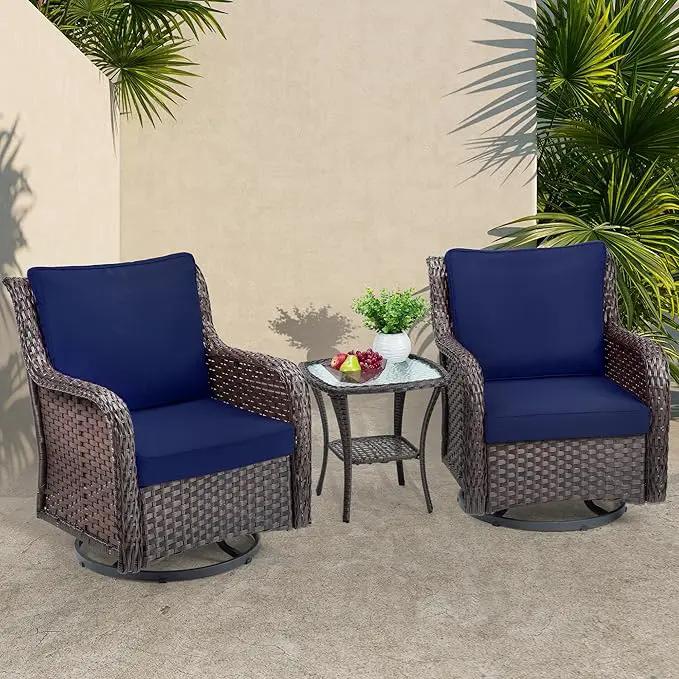 Towallmark Outdoor Swivel Wicker Glider Patio Chairs with Table Set, 3 Pieces Outdoor Bistro Set with 4”Thick Cushions and Coffee Table for Porch, Balcony, Deck (Blue) by GreenHaven Gardens