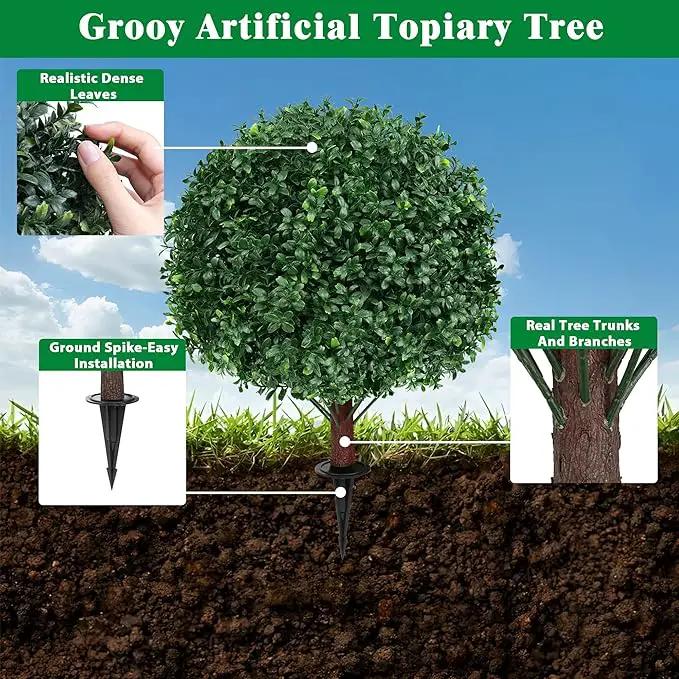 Artificial Boxwood Topiary Ball Tree with Ground Spike, Set of 2 Artificial Shrub Bushes, Fake Evergreen Tree for Porch, Artificial Plants for Outdoor Planters Indoor UV Resistant by GreenHaven Gardens