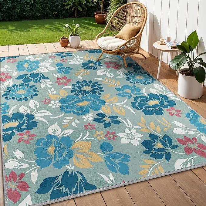 GENIMO Indoor Outdoor Area Rug 8' X 10' Waterproof, Washable Patio Rug Non Shedding, Easy Cleaning Floral Outdoor Carpet for Living Room, Bedroom, Dining Room, Balcony, Backyard, Deck, RV, Blue Grey by GreenHaven Gardens
