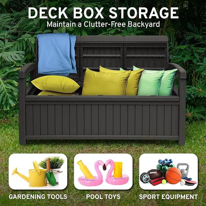 EconoHome 3 Seat Outdoor Storage Bench with Rain Cover - 90 Gallon Capacity - Weatherproof Resin Bench for Patio, Porch, Garden, Yard, Pool Area - Furniture for Pool Accessories, Gardening Tools by GreenHaven Gardens