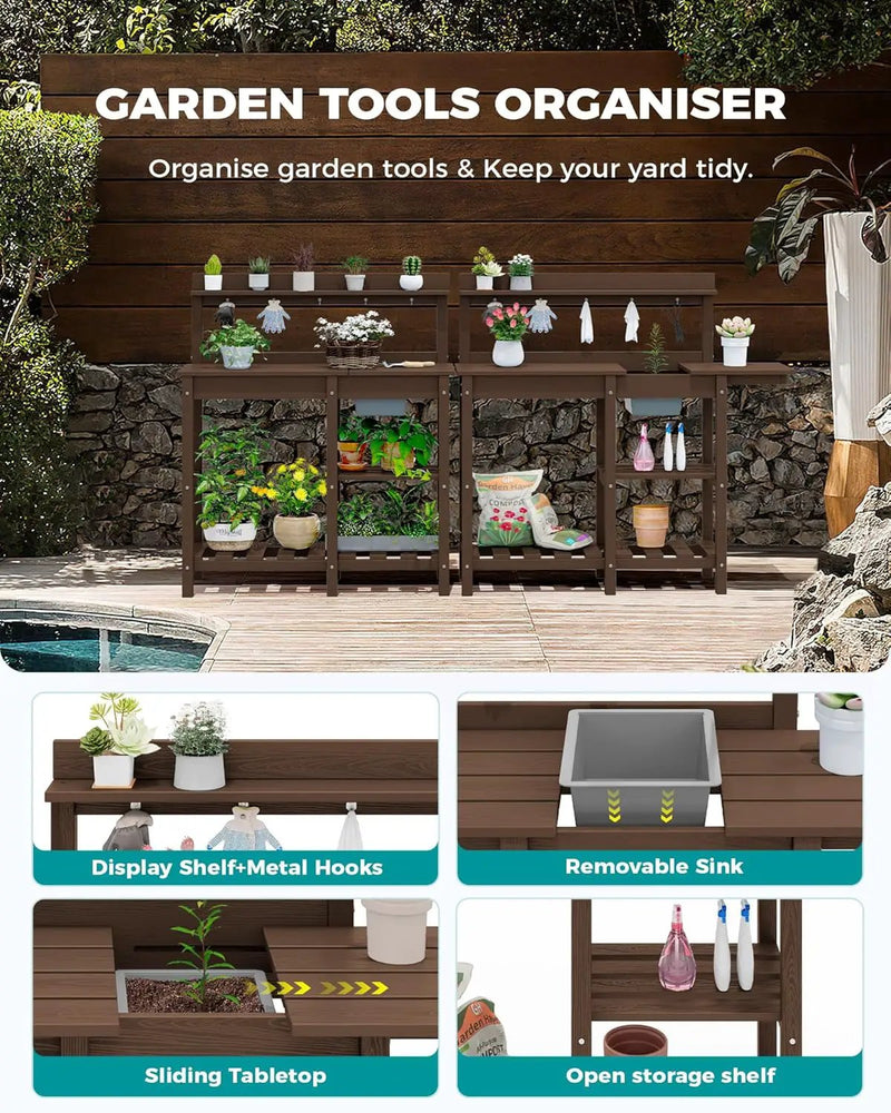 SERWALL Potting Bench Outdoor Potting Table with Sink, HDPE Potting Benches for Outside Gardening Table All Weather Use- Coffee by GreenHaven Gardens