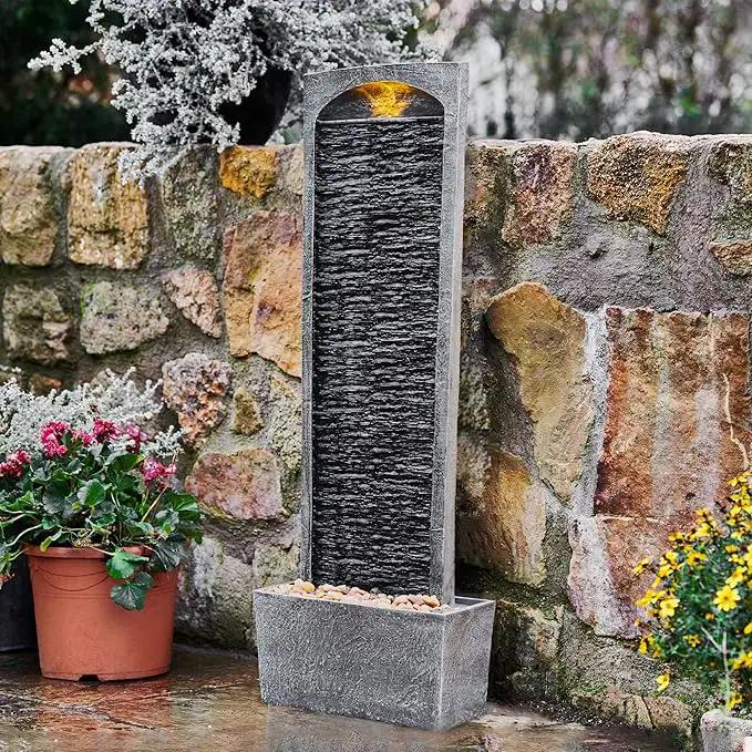 Teamson Home 38.5" Faux Slate Contemporary Outdoor LED Waterfall Fountain with Pebble Base, Gray/Black by GreenHaven Gardens