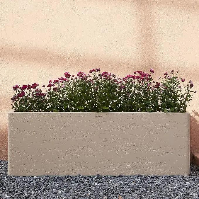 42 Inch Rectangular Concrete Planter（42Lx14Wx15H，58 Pounds）,Durable All-Weather Use with Drainage Holes,Large Rectangular Planter for Outdoor Indoor Plants by GreenHaven Gardens