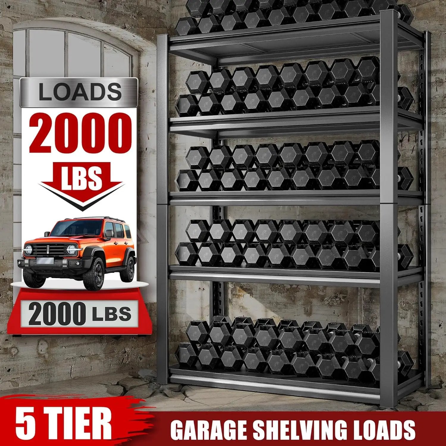 Raybee Storage Shelves 2000LBS Garage Shelving Heavy Duty, 5-Tier Adjustable Garage Shelves, Metal Shelving for Garage, Basement, Warehouse, Pantry, 72" H x 31.5" W x 16.5" D, 2PC, Black by GreenHaven Gardens