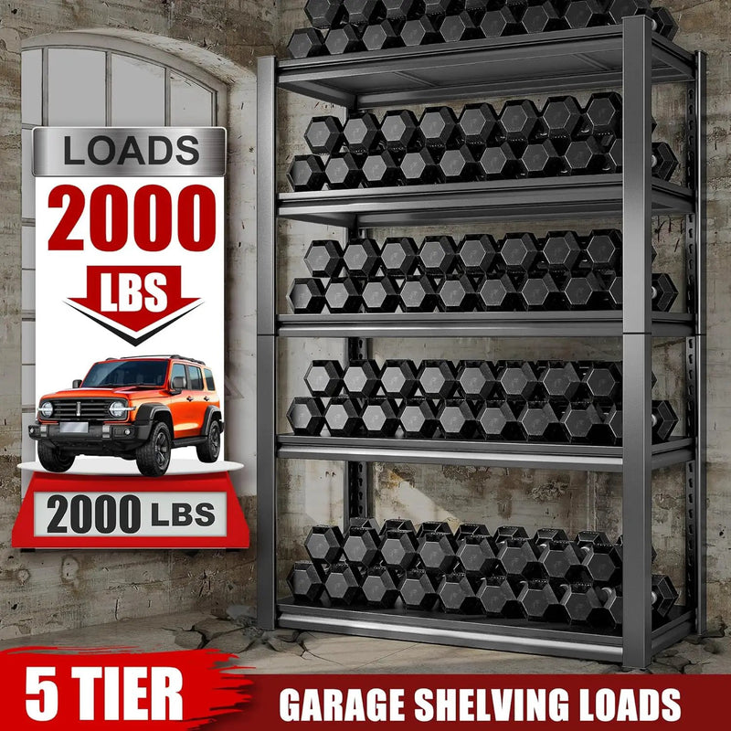 Raybee Storage Shelves 2000LBS Garage Shelving Heavy Duty, 5-Tier Adjustable Garage Shelves, Metal Shelving for Garage, Basement, Warehouse, Pantry, 72" H x 31.5" W x 16.5" D, 2PC, Black by GreenHaven Gardens