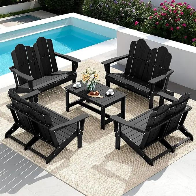 SERWALL 2 Person Adirondack Loveseat, HDPE All-Weather Folding Adirondack Bench Chair, Outdoor Adirondack Chair Set of 4, Black by GreenHaven Gardens