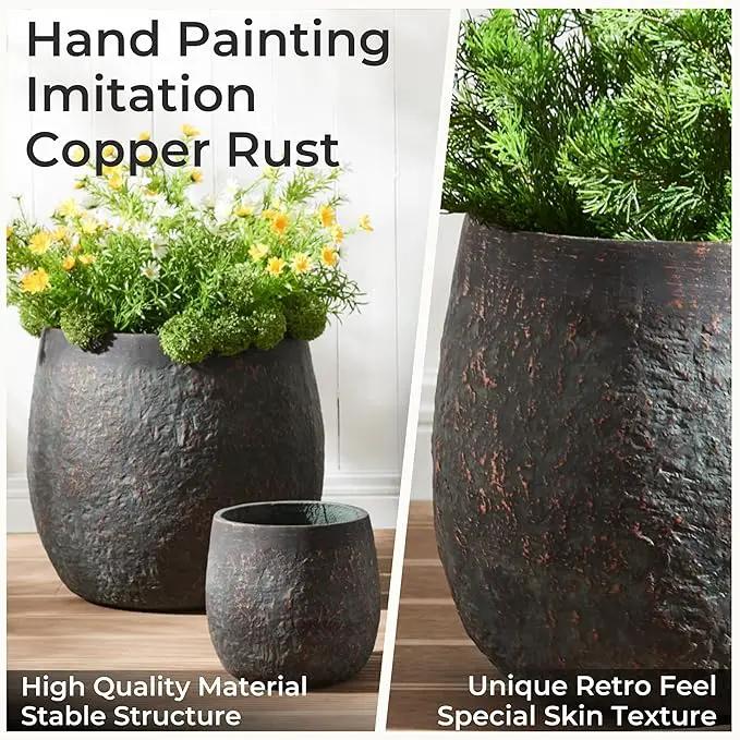 Large Outdoor Planter, 17.32"+12.99"+9.06" Dia Round Weathered Concrete Planter Set of 3, Flower Pots with Drainage Holes, Sealing Plug for Garden, Patio, Home, Office, Greenish Bronze Rust by GreenHaven Gardens