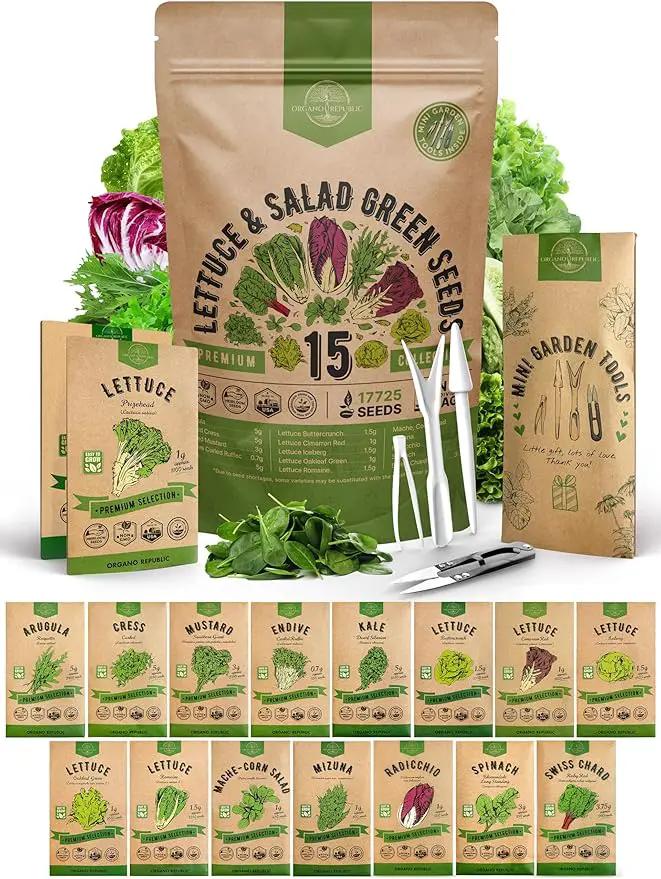 Organo Republic 15 Lettuce & Salad Greens Seeds Variety Pack 17700+ Non-GMO Heirloom Lettuce Seeds for Indoors & Outdoors Garden, Hydroponics, Aerogarden - Arugula, Kale, Spinach, Swiss Chard, Lettuce by GreenHaven Gardens