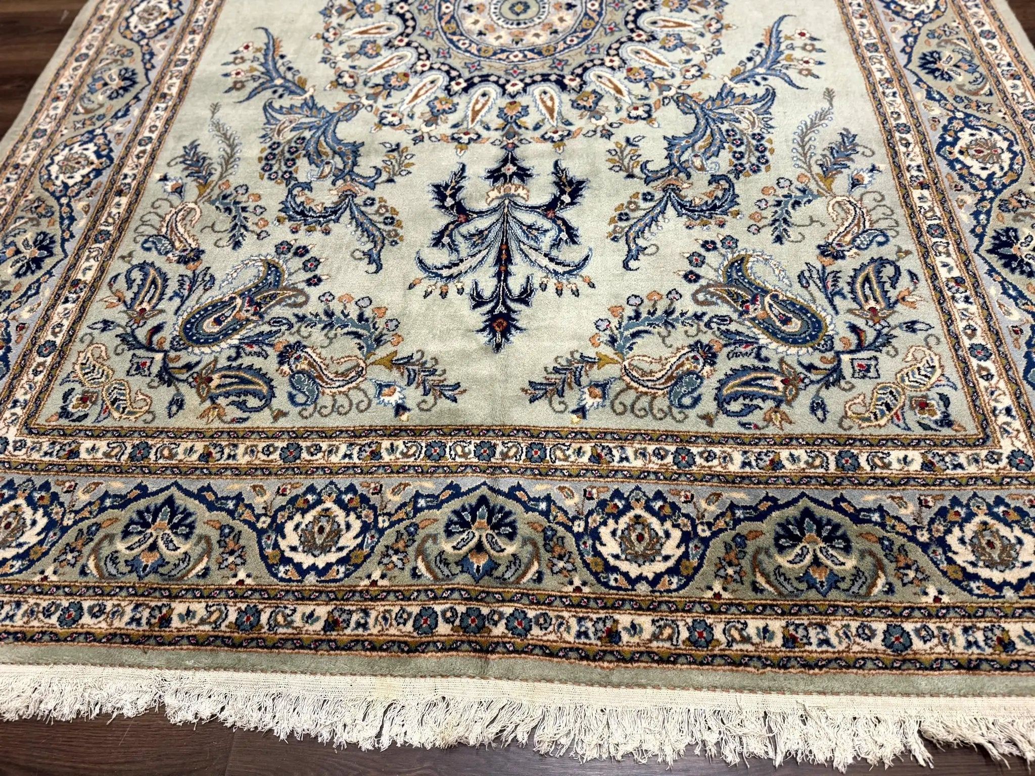 Light Green and Blue Persian Kashan Rug 7x10, Authentic Persian Carpet, Handmade, Wool by Jewel Rugs