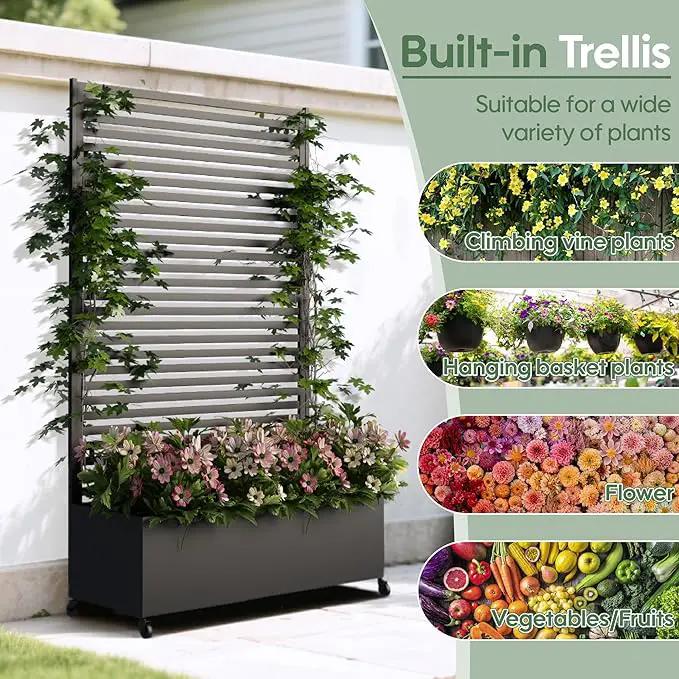 Metal Planter Box with Trellis Privacy Screen, Raised Garden Bed with Trellis & Wheels, Privacy Planters for Patio, Planter Box with Drainage Holes for Climbing Plants, Flower, 73"x 47"x 16", Black by GreenHaven Gardens