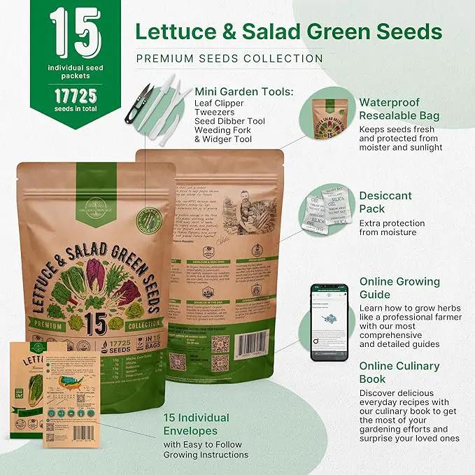 Organo Republic 15 Lettuce & Salad Greens Seeds Variety Pack 17700+ Non-GMO Heirloom Lettuce Seeds for Indoors & Outdoors Garden, Hydroponics, Aerogarden - Arugula, Kale, Spinach, Swiss Chard, Lettuce by GreenHaven Gardens