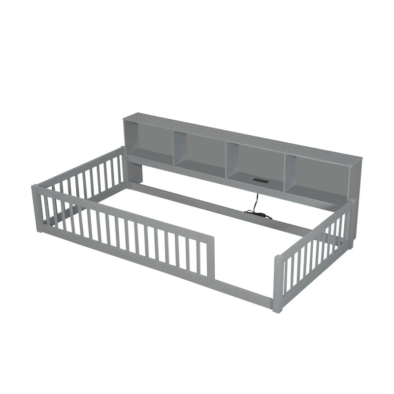 Twin Long Floor Bed With Storage Cabinets And USB Ports - Gray by HouseOfZazla