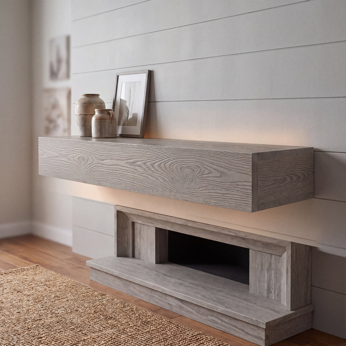 60" Rustic Embossed Wood Fireplace Mantel,Wall-Mounted & Floating Shelf for Home Decor, photo 2 of 10