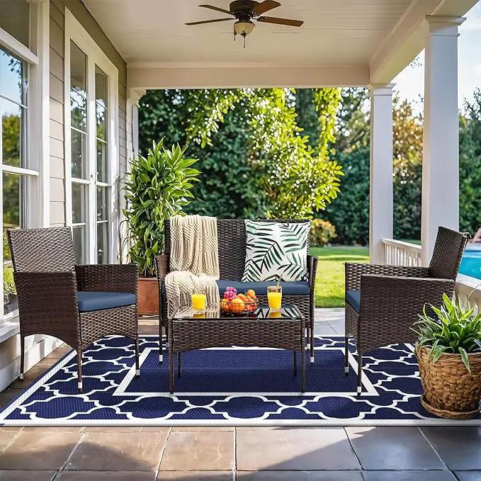 GENIMO 4' x 6' Outdoor Rug Waterproof for Patio Decor, Foldable Reversible Plastic Straw Area Rugs Mat for Camper, Outside Carpet for Rv, Deck, Porch, Picnic, Beach, Balcony, Blue & White by GreenHaven Gardens