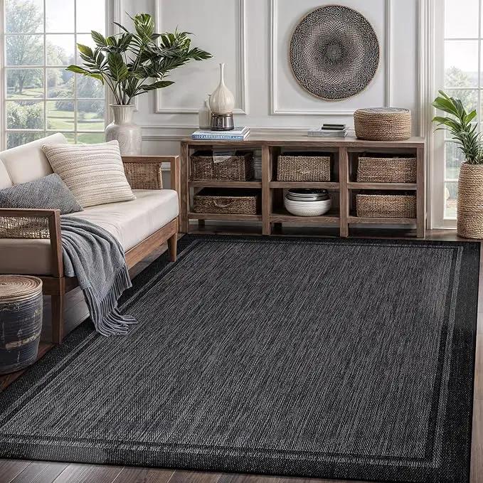 CAMILSON Indoor Outdoor Rug, 9x12 Bordered Dark Grey Black Modern Large Area Rugs for Indoor and Outdoor Patios, Kitchen and Hallway Mats, Washable Porch Deck Outside Carpet (Bordered Black, 9 x 12) by GreenHaven Gardens