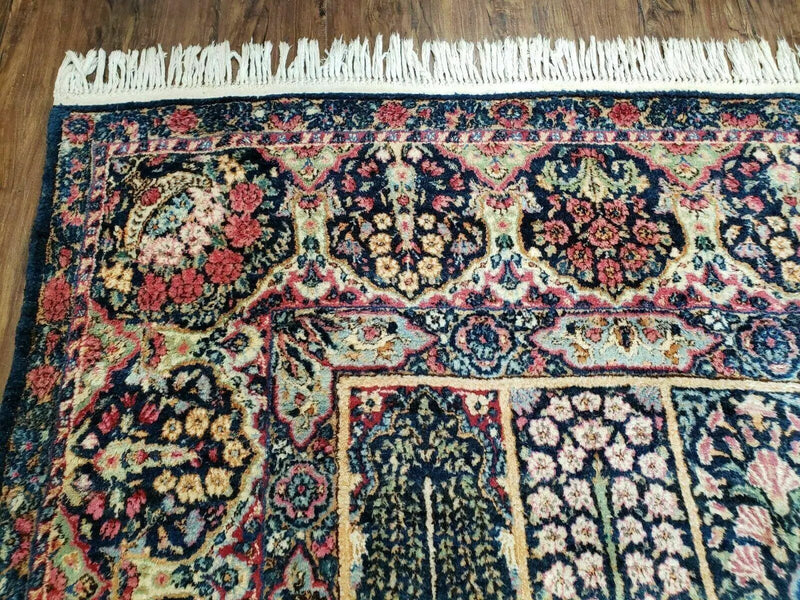 Persian Rug 10x15, Authentic Oriental Carpet 10 x 15, Wool Area Rug Panel Design Hand-Knotted Vintage Kirman Yazd Rug, Dark Blue and Beige, Floral by Jewel Rugs