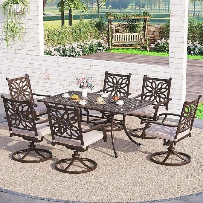 Sophia & William 7 Pieces Cast Aluminium Patio Dining Set for 6, Outdoor Swivel Rocking Chairs and Rectangular Table with 2.3" Umbrella Hole for Porch Backyard Deck, Bronze by GreenHaven Gardens