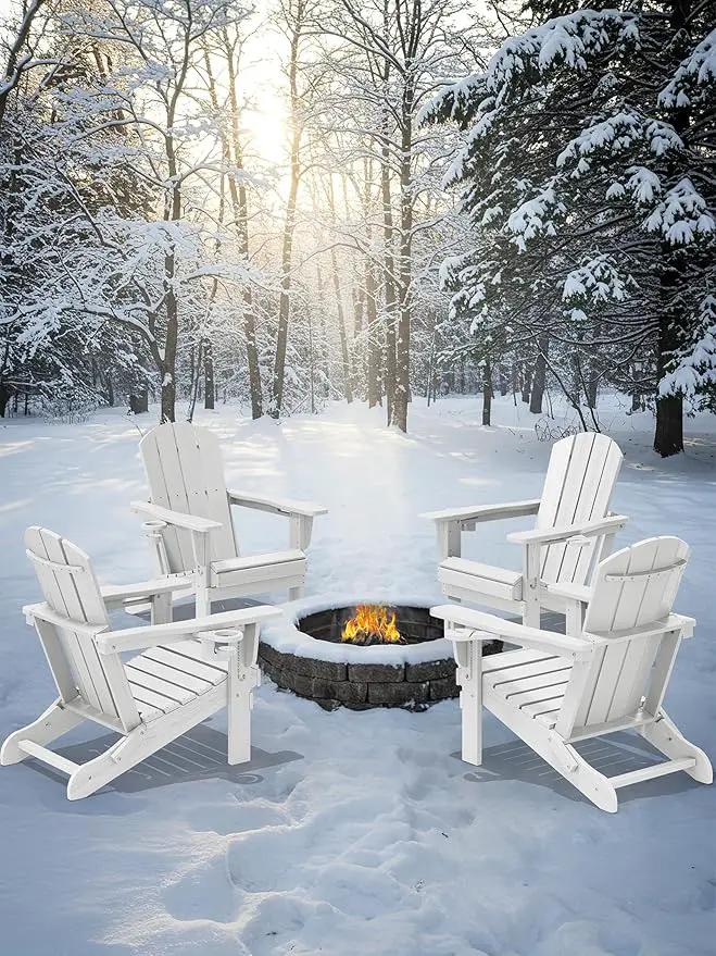 KINGYES Folding Adirondack Chair Set of 2, Dual Cup Holders & All-Weather HDPE, Wood-Like Patio Chair for Backyard, Camping, Pool & Fire Pit, White by GreenHaven Gardens