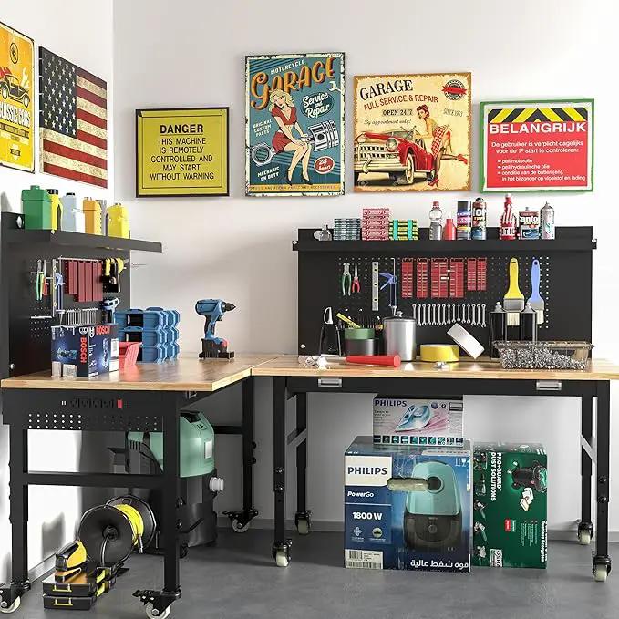 48" Heavy Duty Adjustable Workbench with Large Pegboard, Adjustable Work Table with Power Outlets & Lockable Wheels, Rubber Wood Workstation for Garage, Workshop, Office, Home, Commercial by GreenHaven Gardens