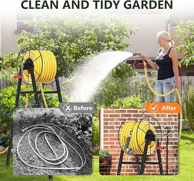 Freestanding Garden Hose Reel Holds 150 Ft Hose, Metal Garden Hose Holder for Outdoor, Garden Stand Rack for Water Pipe Organizer Storage, Black by GreenHaven Gardens