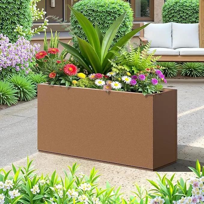 FENCY Metal Rectangular Planter Box, Large Planters for Outdoor Plants, Tall Planters for Outdoor Plants with Drainage Holes (32" L x 10" W x 16.3" H,Brown) by GreenHaven Gardens
