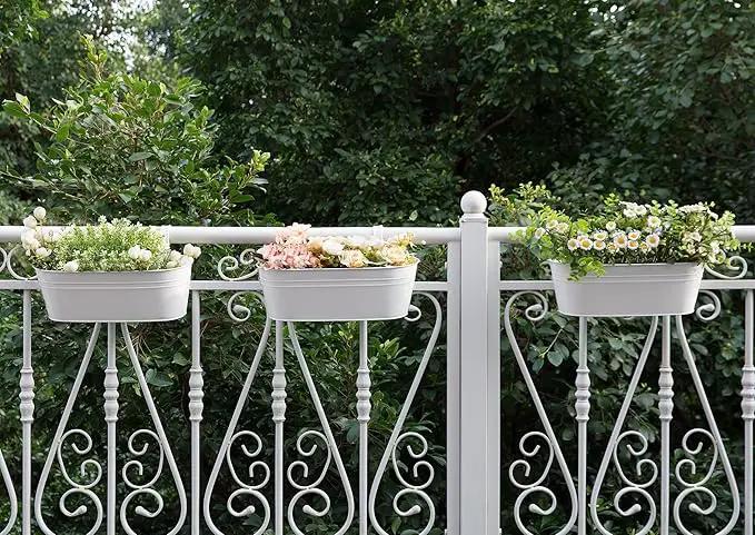 Dahey 3 Pcs Metal Iron Hanging Flower Pots for Railing Fence 15.7 Inch Hanging Bucket Pots Countryside Style Window Flower Plant Holder with Detachable Hooks for Garden Yard Home Decor, White by GreenHaven Gardens