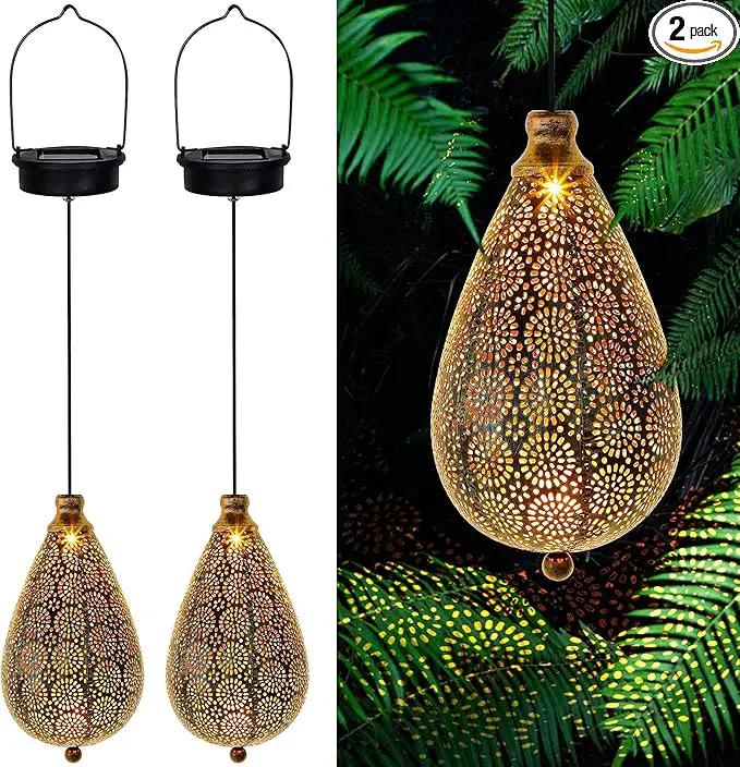 MAGGIFT 2 Pack Solar Hanging Lights, Solar Powered Decorative Retro Lantern with Handle, Warm White LED Christmas Garden Boho Flower Lights, Metal Drop Shape Waterproof Outdoor Yard Tree Fence Patio by GreenHaven Gardens