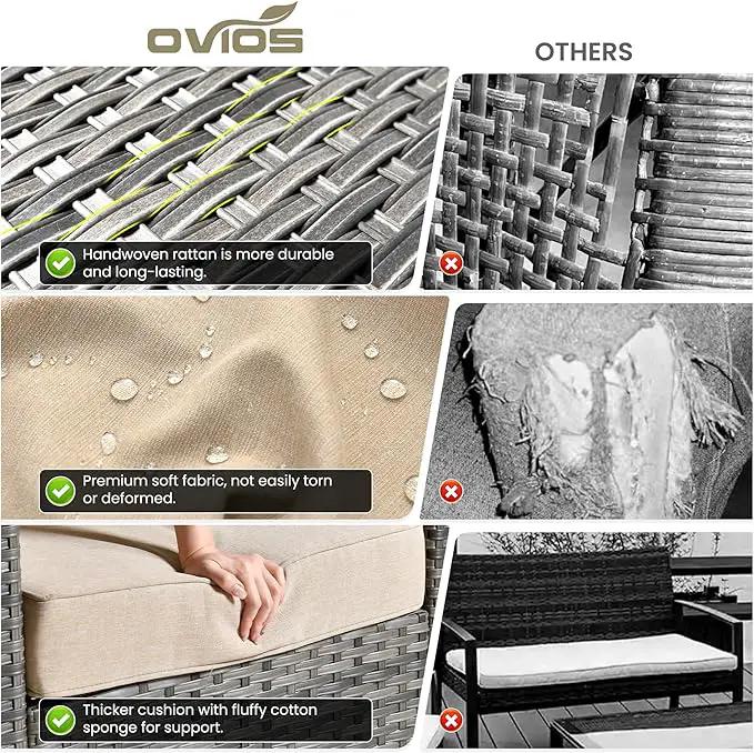 ovios 6 Pieces Patio Furniture Set with 42" Fire Pit Table, Outdoor Wicker Sofa with Comfy Cushions, All Weather High Back Rattan Couch Conversation Set, Beige by GreenHaven Gardens