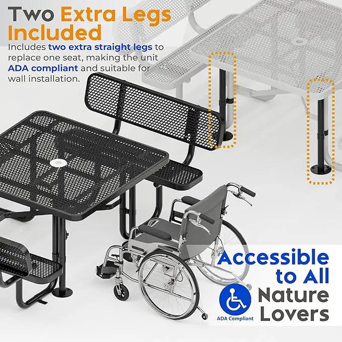 Metal Picnic Tables for Outdoors with Umbrella Hole - Coated Steel Heavy Duty Commercial Grade Table with Adjustable Seats (Black, 46 in, Square with Back, Expanded Steel) by GreenHaven Gardens
